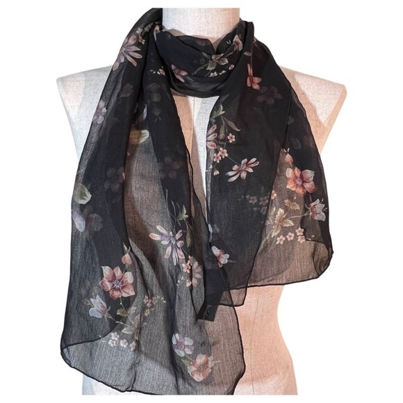 VTG Berkshire Floral Black Sheer Scarf Rectangle Polyester Made In Italy Women - Picture 1 of 8